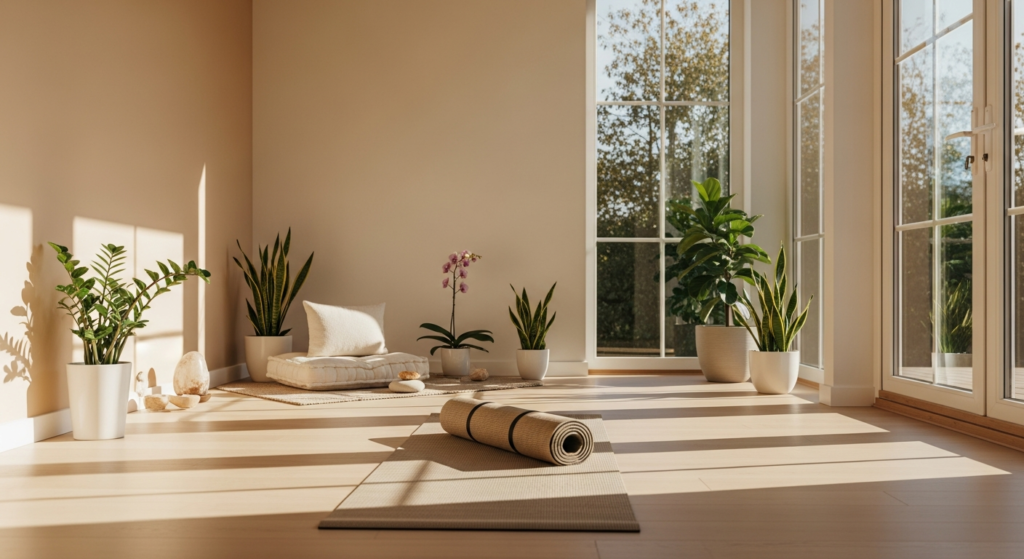 Woman practicing yoga at home on a mat in a bright, minimalist living room space