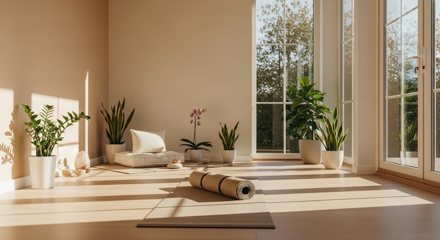 Woman practicing yoga at home on a mat in a bright, minimalist living room space