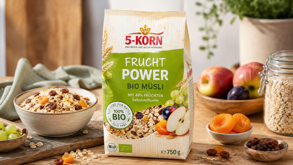 5-Korn Frucht Power BIO Müsli organic fruit muesli with oats and dried fruits, displayed on a rustic breakfast table with fresh apples and healthy breakfast ingredients.
