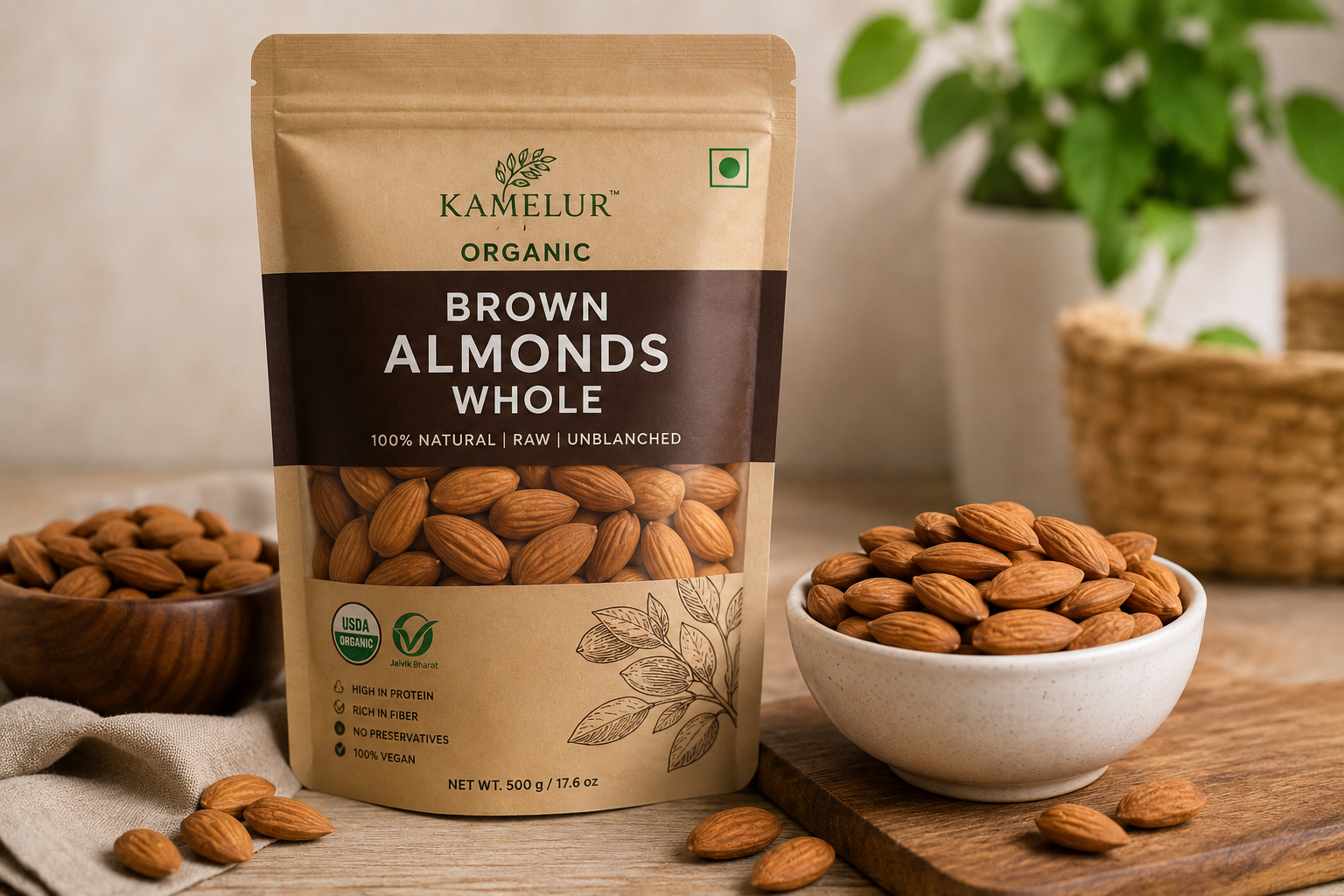 Kamelur Organic Brown Almonds Whole in resealable eco-friendly packaging displayed with raw almonds in bowls on a rustic wooden table, highlighting natural healthy snack ingredients and USDA organic certification.
