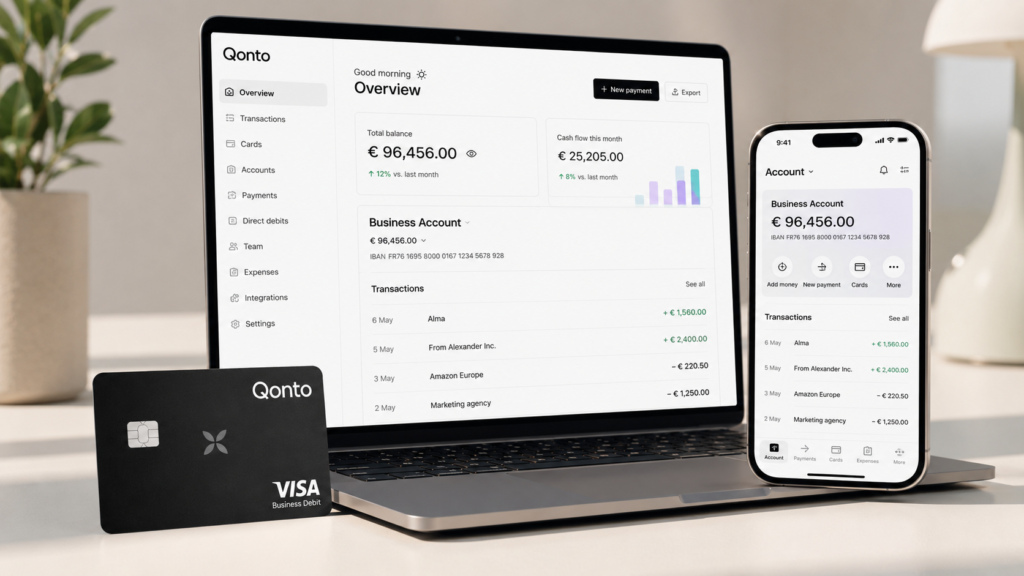 Qonto Smart Business Account dashboard displayed on laptop and mobile app with Qonto business debit card on a modern office desk, showcasing online business banking and expense management features.
