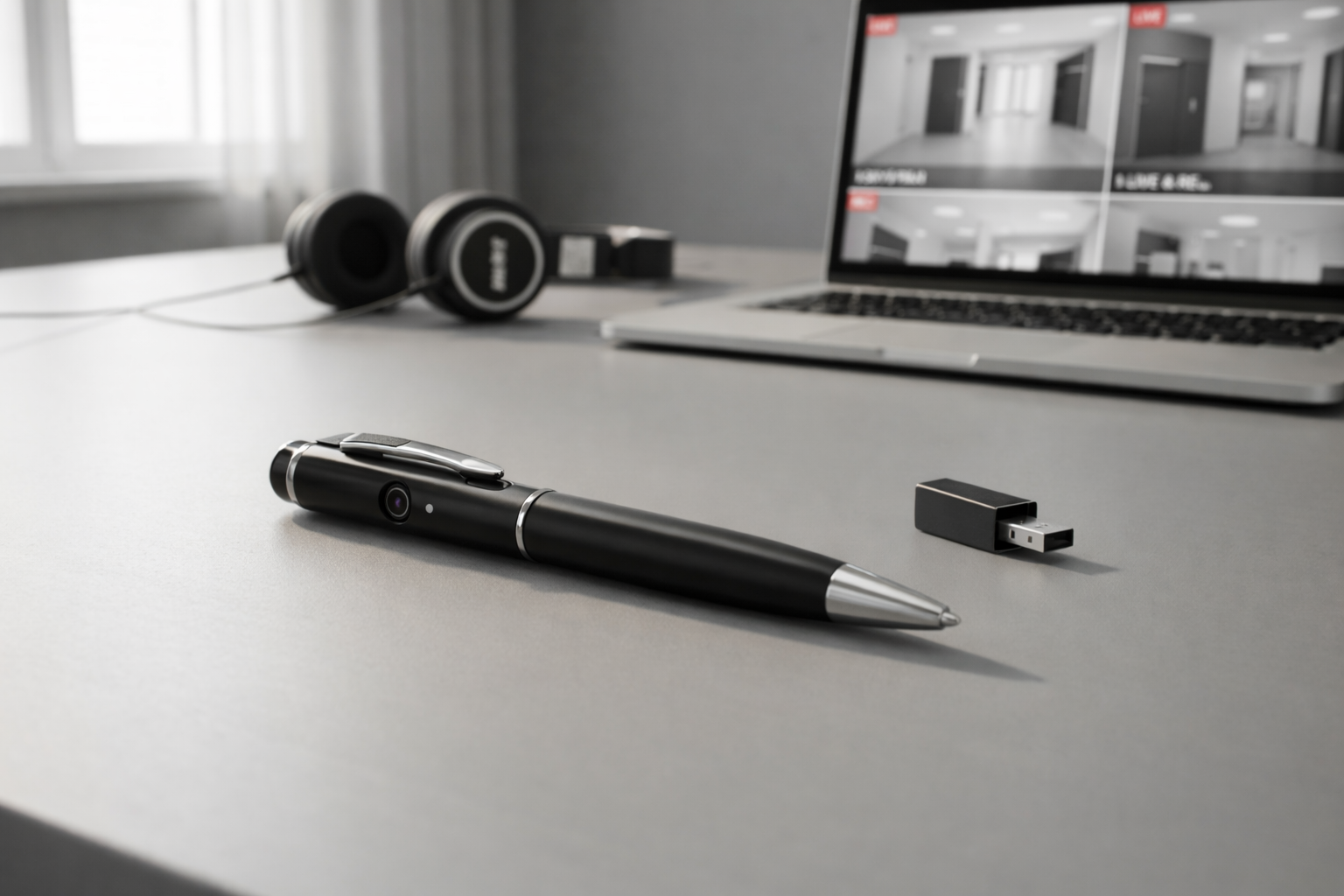 iSpyPen Pro X 2K HD spy camera pen lying on a modern desk with USB adapter, laptop showing security footage, and headphones in a clean, minimalist office setting