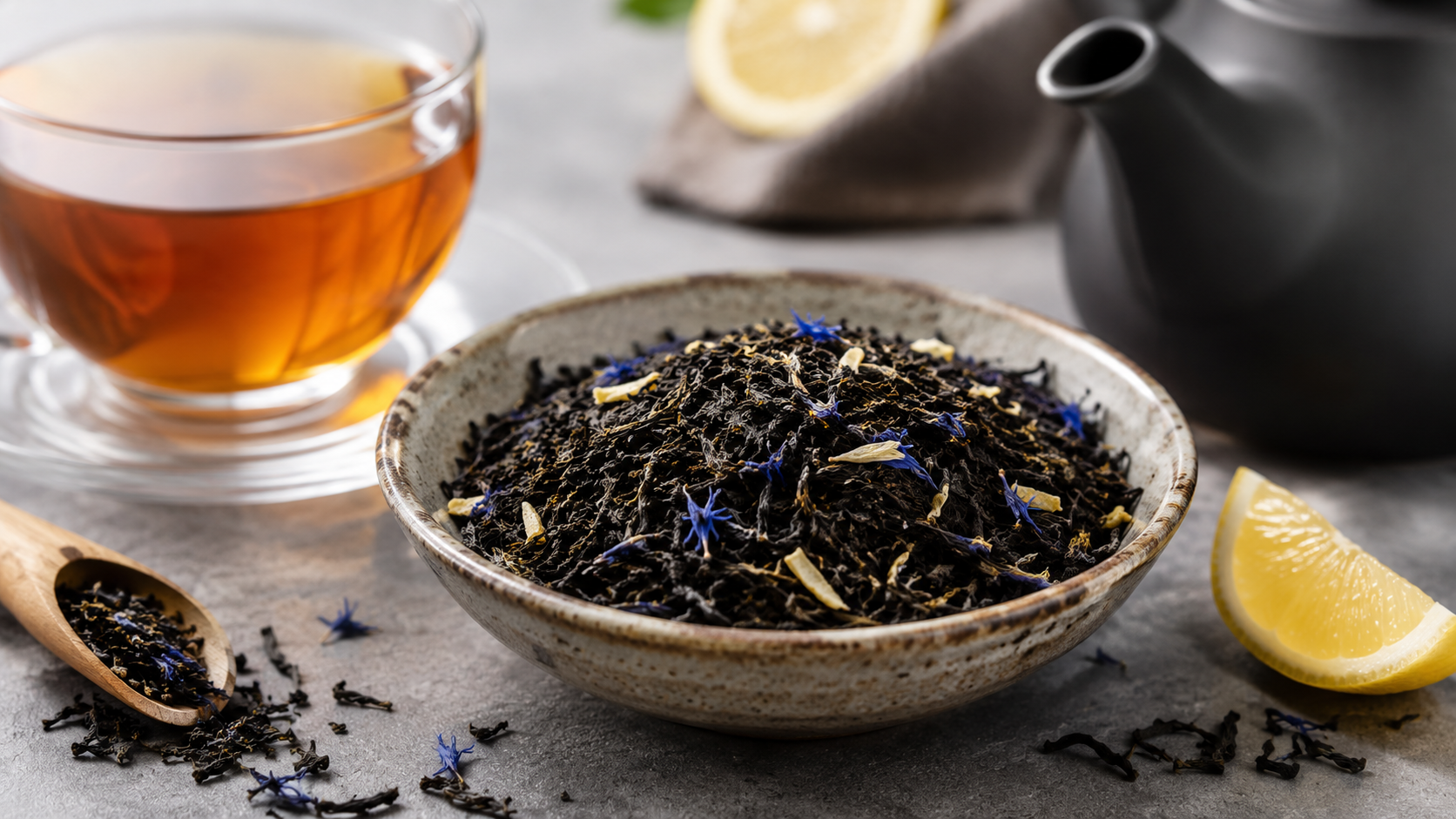 Earl Grey black tea blend with loose leaf black tea, blue cornflower petals, and citrus peel in a ceramic bowl, served with a glass cup of brewed tea, lemon wedges, and a teapot on a rustic stone surface.