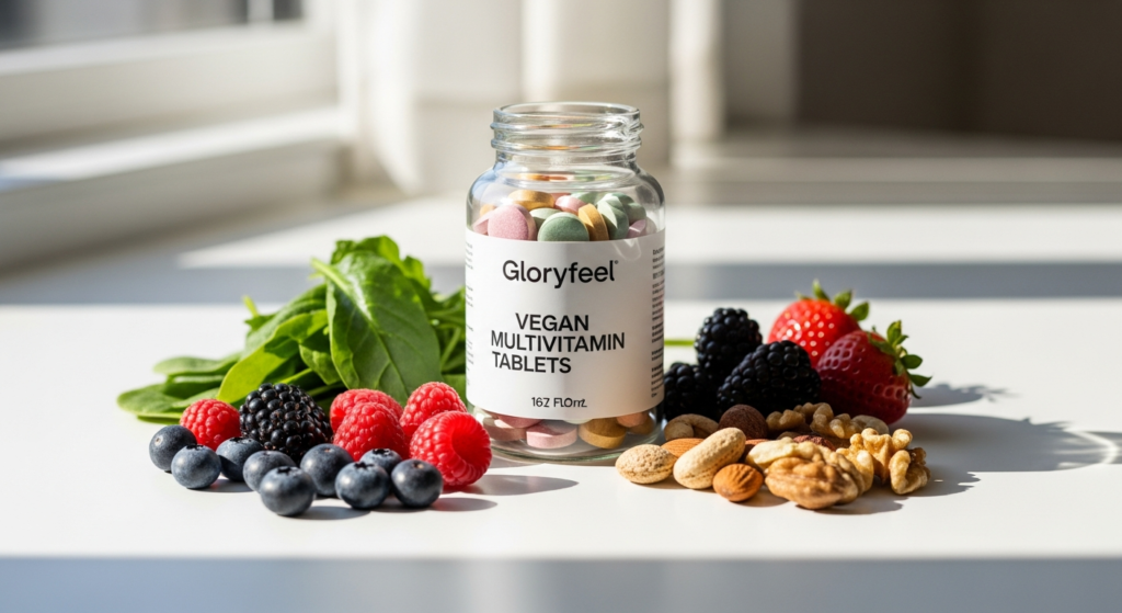 Gloryfeel Vegan Multivitamin Tablets bottle with 14 essential plant-based nutrients displayed