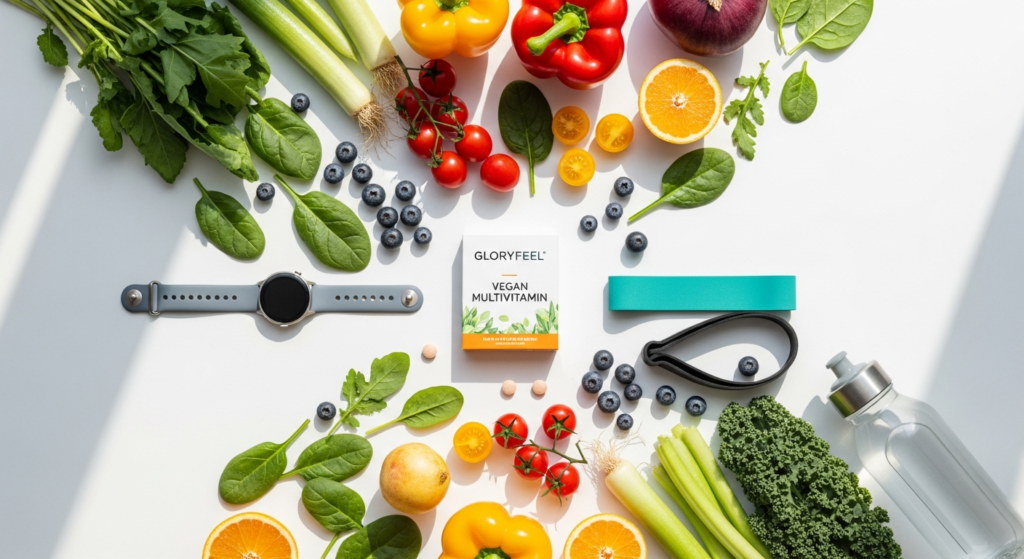 Gloryfeel Vegan Multivitamin Tablets bottle with 14 essential vitamins and minerals for active lifestyles