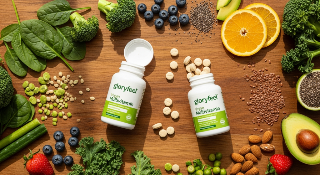 Gloryfeel Vegan Multivitamin Tablets bottle with 14 essential vitamins and minerals for plant-based nutrition