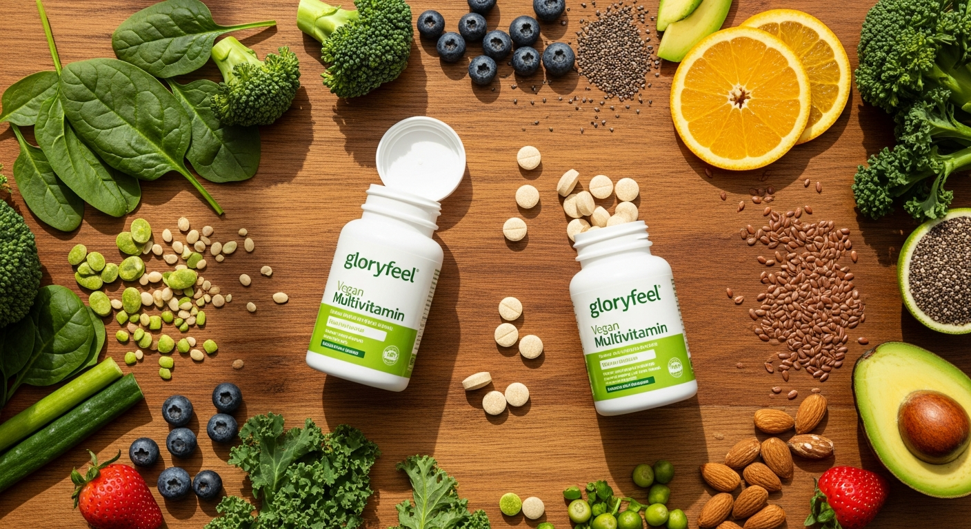 Gloryfeel Vegan Multivitamin Tablets bottle with 14 essential vitamins and minerals for plant-based nutrition