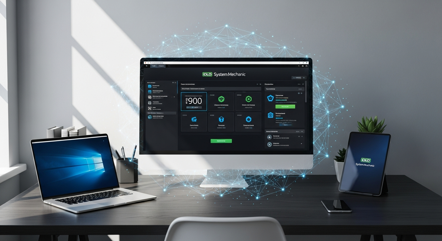 iolo System Mechanic interface showing multi-device optimization dashboard with performance metrics