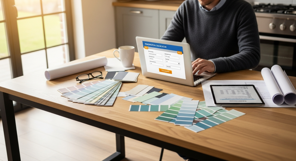 German homeowner using More at Home Sanierungsrechner calculator on laptop for renovation budgeting