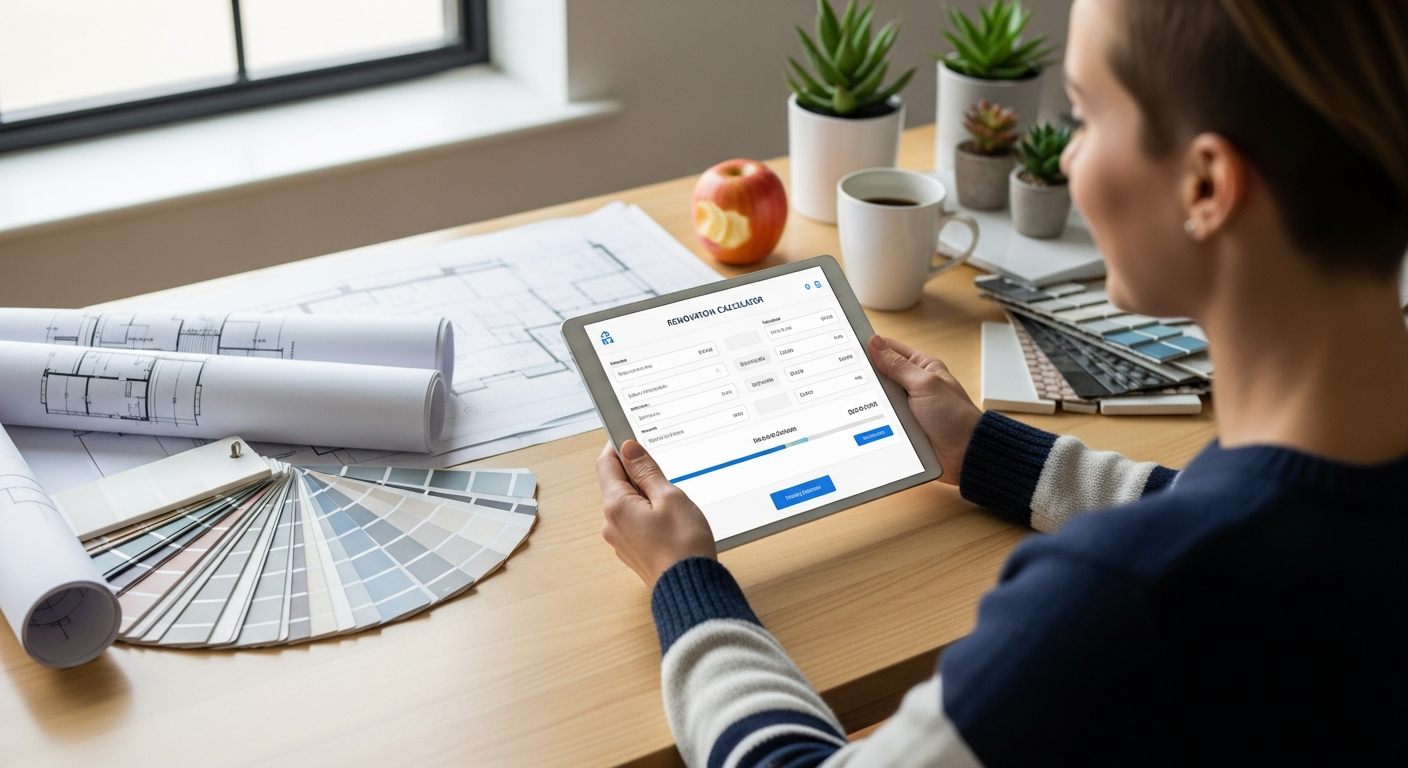 Modern home renovation calculator interface showing cost estimation tools and contractor network dashboard