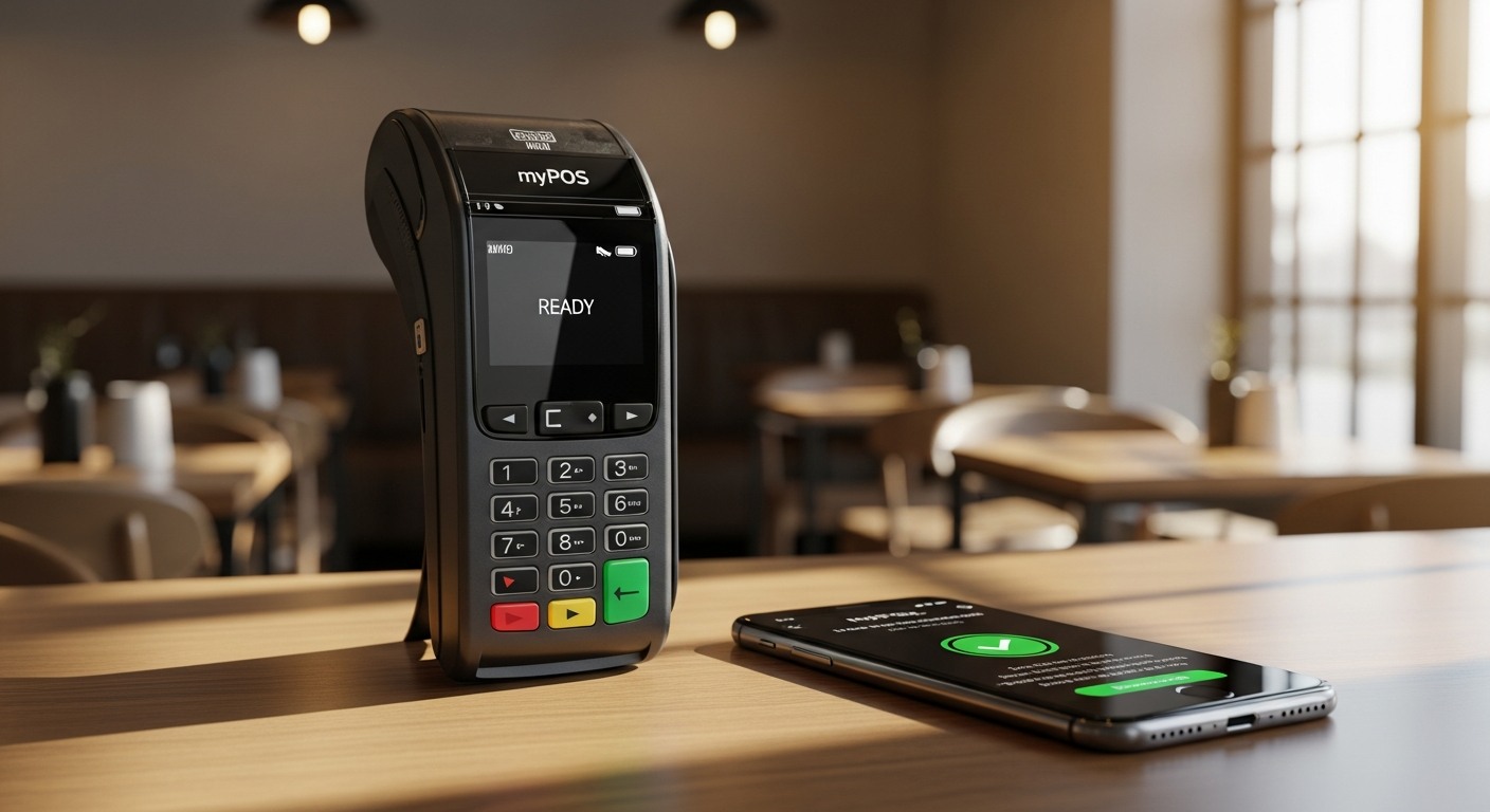 myPOS Go 2 portable card reader device displaying contactless payment capability for mobile merchants