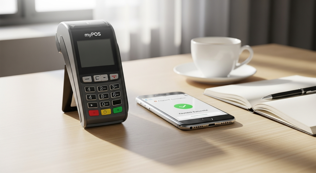 myPOS Go 2 portable card reader device displayed with 4G connectivity and contactless payment capabilities for mobile merchants