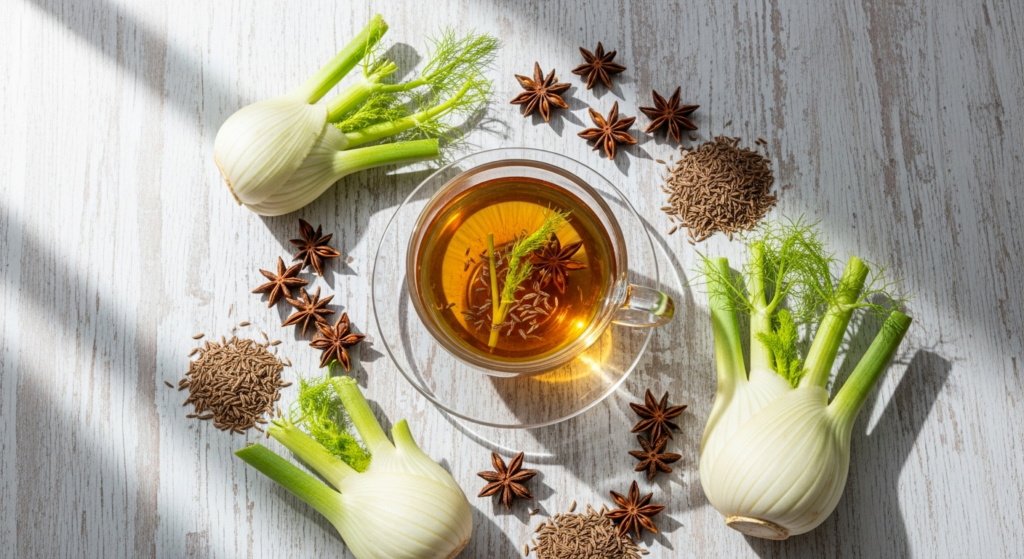 Organic fennel anise caraway tea blend in glass cup with dried spice seeds