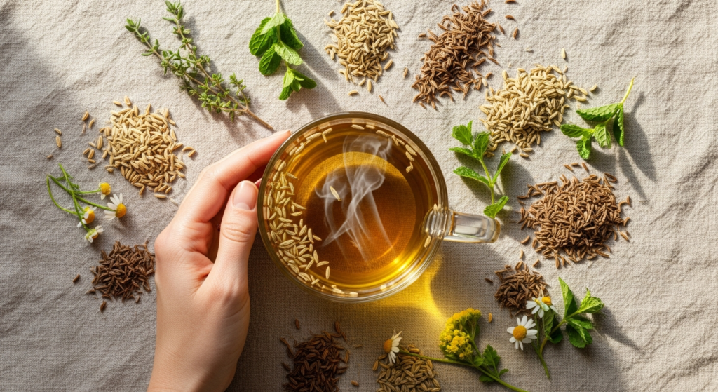 Organic fennel anise caraway tea blend in white cup with fresh seeds displayed