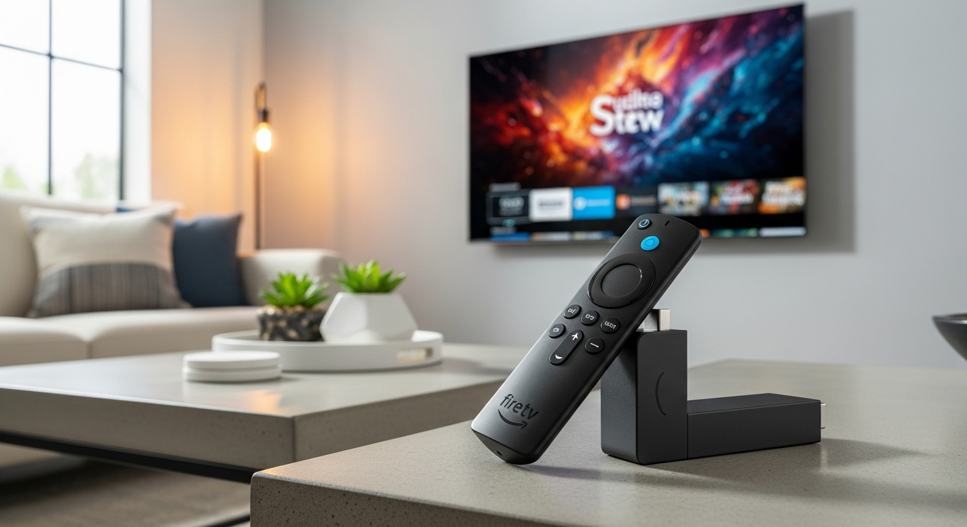 Amazon Fire TV Stick with Alexa Voice Remote displayed on modern living room entertainment setup