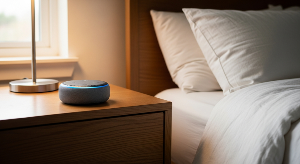 Amazon Echo Dot 5th Generation smart speaker on bedroom nightstand with temperature sensor and gesture controls