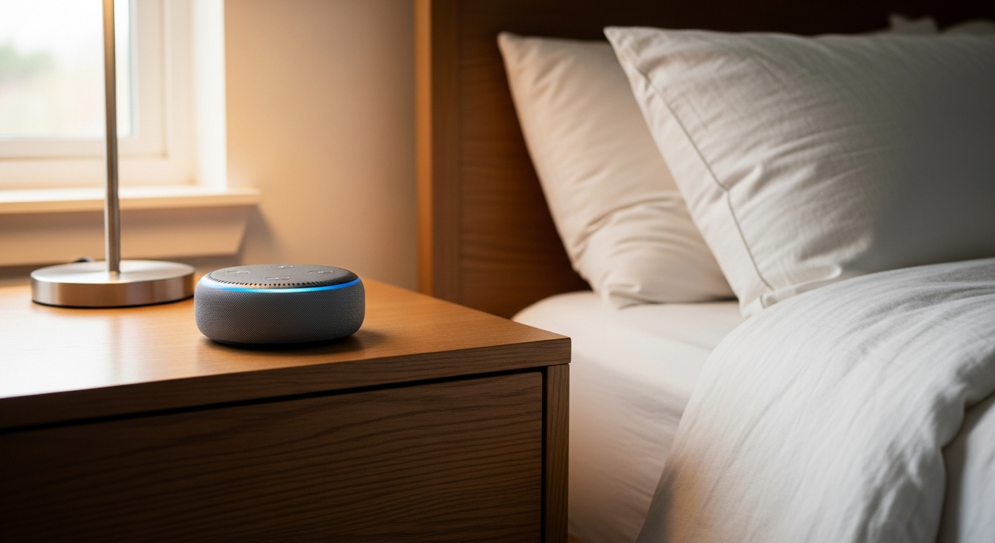 Amazon Echo Dot 5th Generation smart speaker on bedroom nightstand with temperature sensor and gesture controls