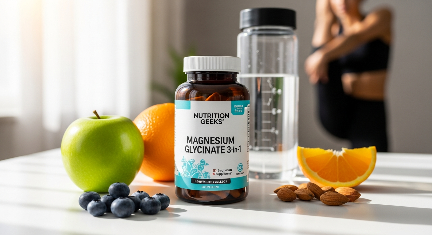 Nutrition Geeks Magnesium Glycinate 3-in-1 supplement bottle with capsules displayed for athletic recovery