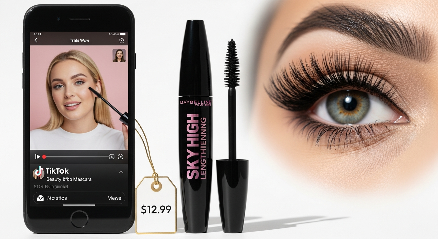 Maybelline Sky High Lengthening Mascara tube with Flex Tower brush displayed against a white background