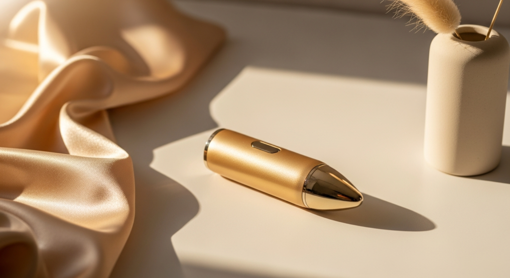 Golden Celebration rechargeable bullet vibrator in elegant packaging displayed on white background