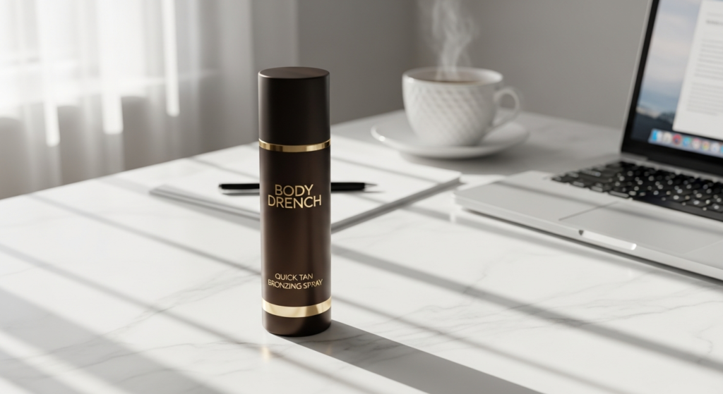 Body Drench Quick Tan Bronzing Spray bottle with sun-kissed glow effect on skin