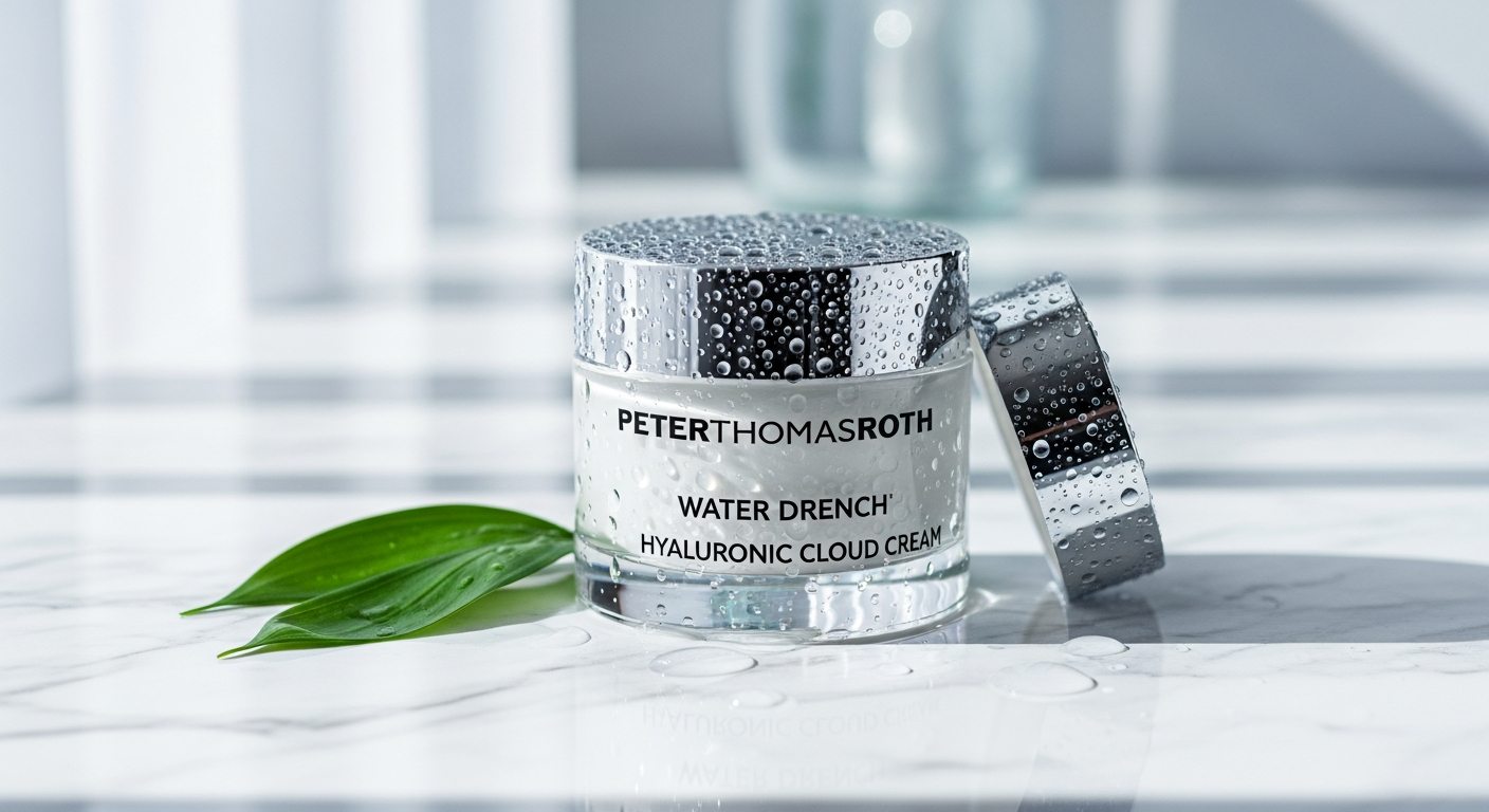 Peter Thomas Roth Water Drench Hyaluronic Cloud Cream jar displayed on white background with water droplets