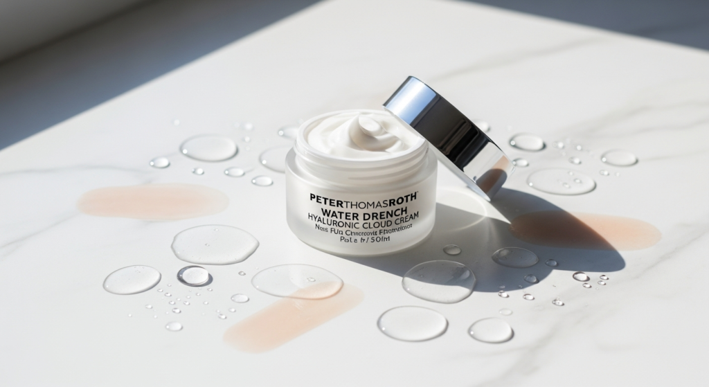 Peter Thomas Roth Water Drench Hyaluronic Cloud Cream jar displayed with hydrated glowing skin texture background