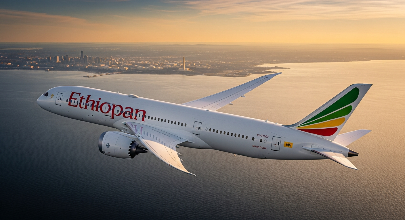 Ethiopian Airlines Airbus A350 aircraft flying over African landscape toward Washington DC