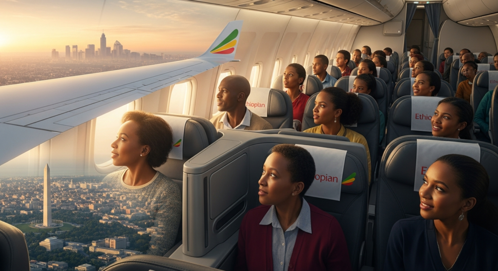 Ethiopian Airlines Boeing 777 aircraft flying over Atlantic Ocean toward African continent