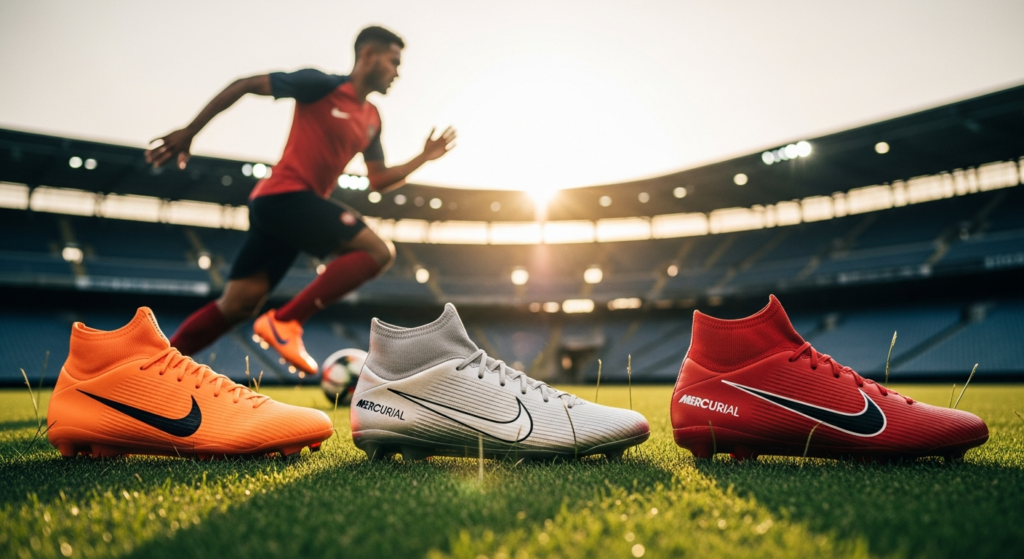 Nike Mercurial football boots displayed on grass pitch showing lightweight design and responsive soleplate technology