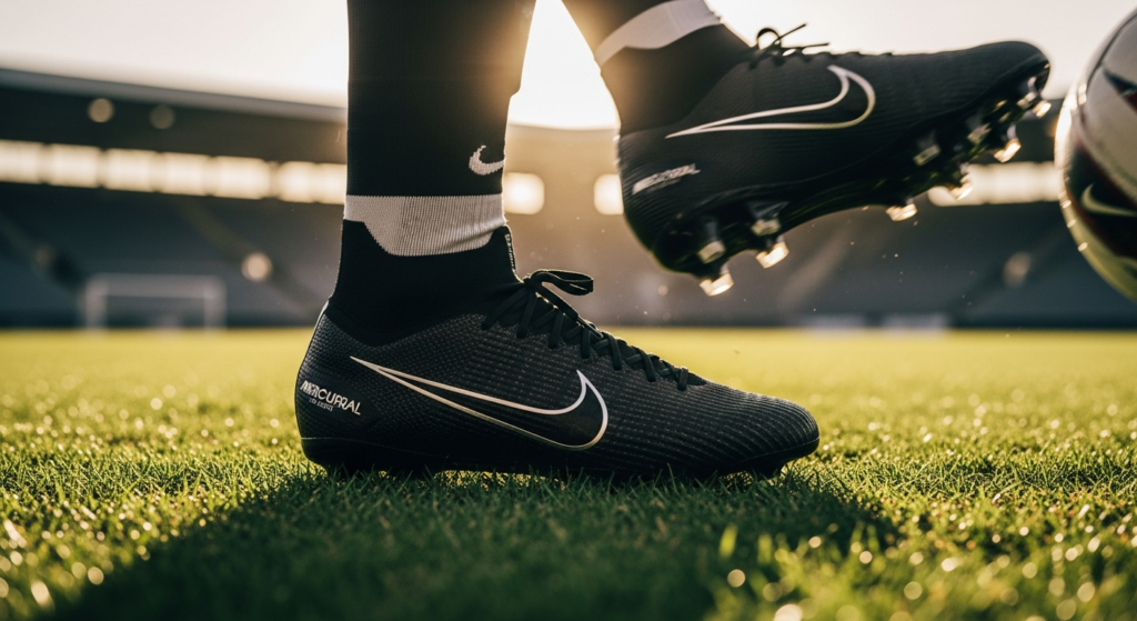 Elite striker wearing Nike Mercurial Vapor 16 Elite FG boots on firm natural grass pitch