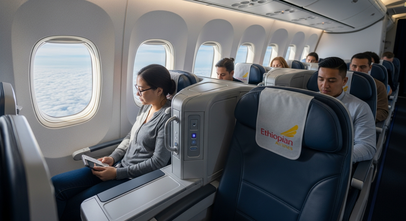 Ethiopian Airlines Airbus A350 aircraft flying over the Atlantic Ocean during transatlantic flight