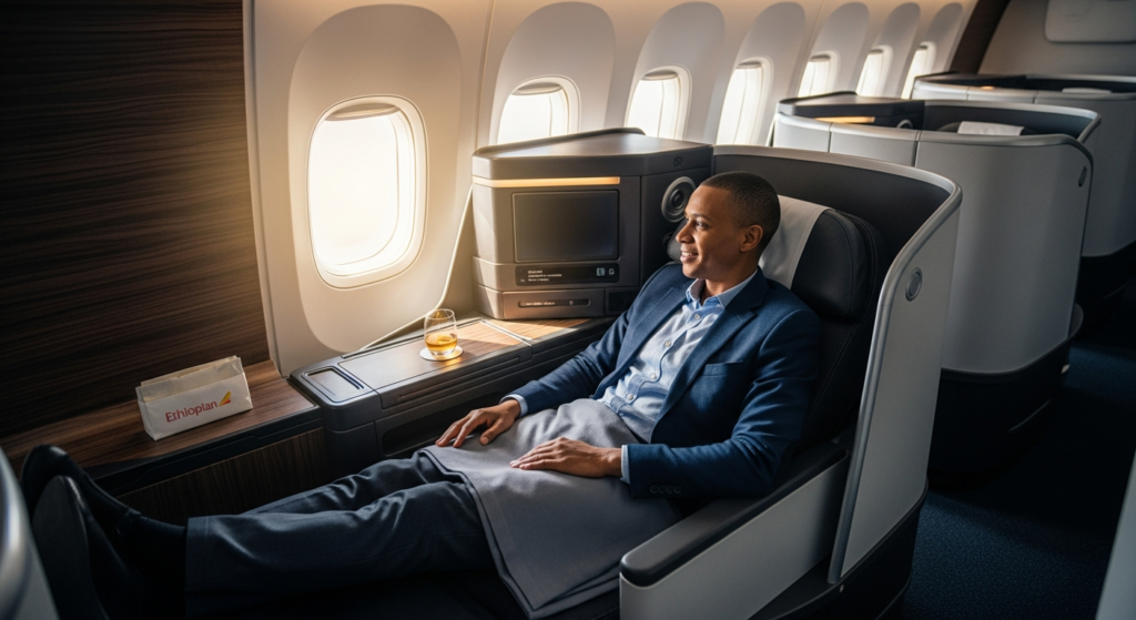 Ethiopian Airlines Cloud Nine Business Class cabin with lie-flat seats and modern Boeing 787 Dreamliner interior design