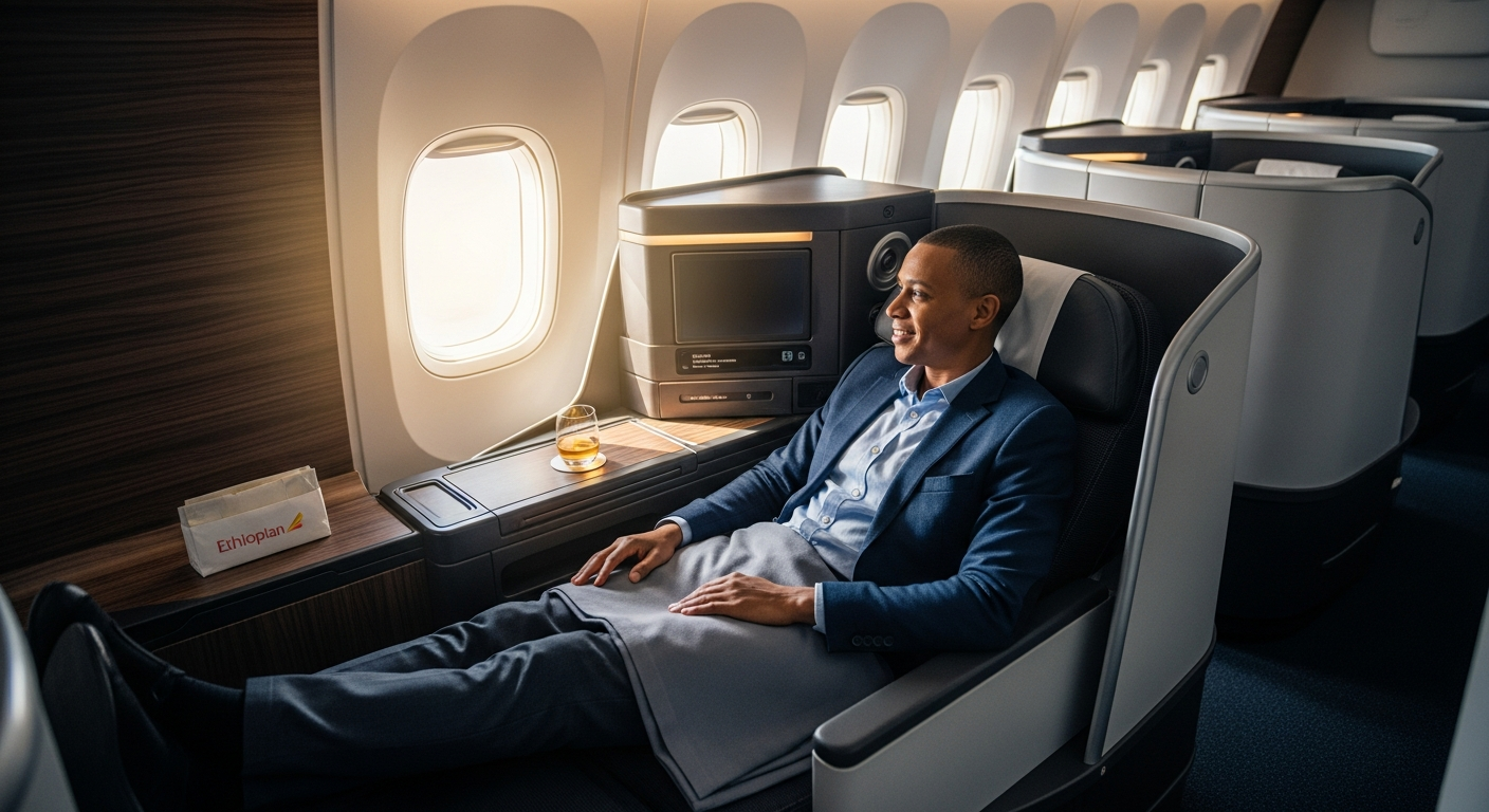 Ethiopian Airlines Cloud Nine Business Class cabin with lie-flat seats and modern Boeing 787 Dreamliner interior design