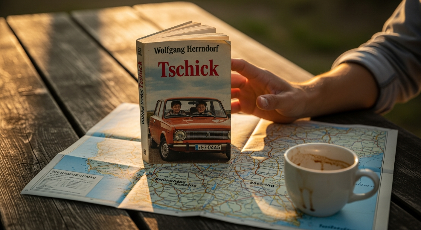 Light blue Lada driving through sun-drenched German countryside with two teenage boys