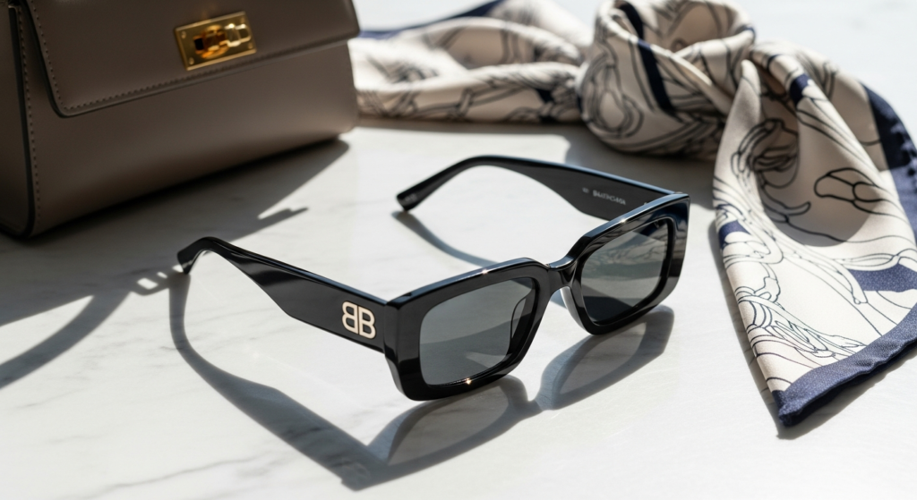 Balenciaga BB0096S rectangle acetate sunglasses with black frame and grey lenses displayed on luxury fashion background