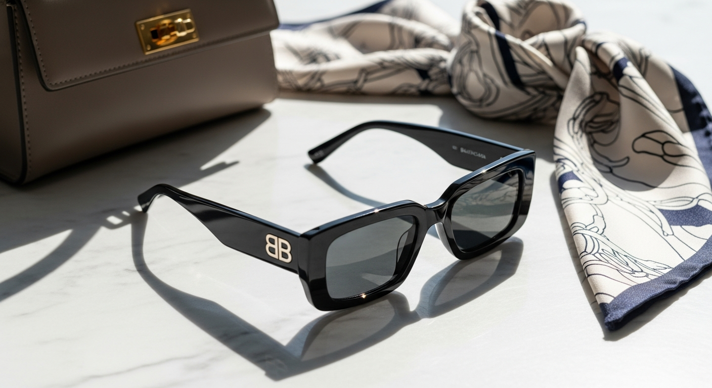 Balenciaga BB0096S rectangle acetate sunglasses with black frame and grey lenses displayed on luxury fashion background