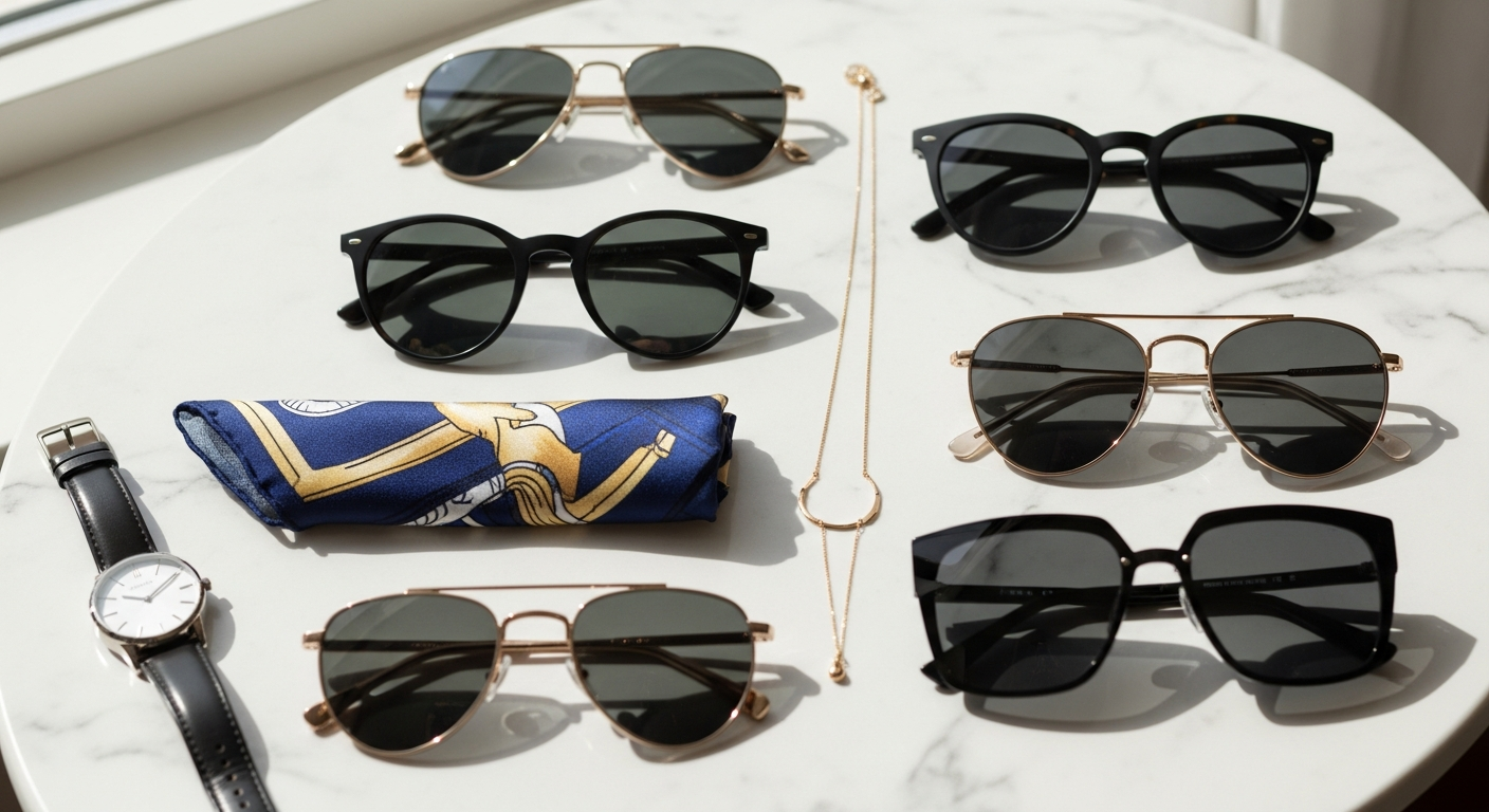 Luxury designer sunglasses collection featuring Chanel, Tom Ford, and Gucci frames displayed with UV protection guarantee