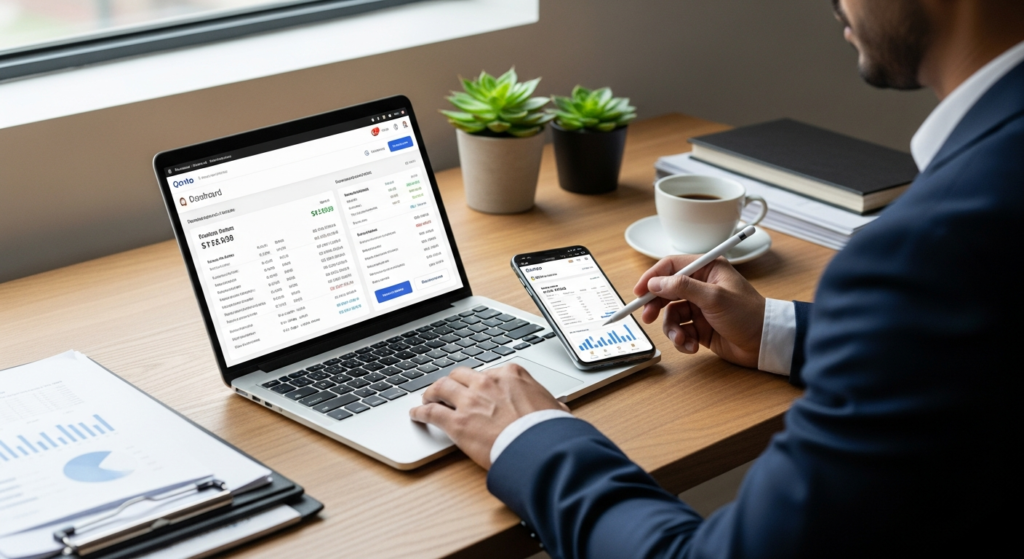 Qonto Smart Business Account dashboard showing virtual cards, invoicing tools, and expense management features for Austrian SMEs