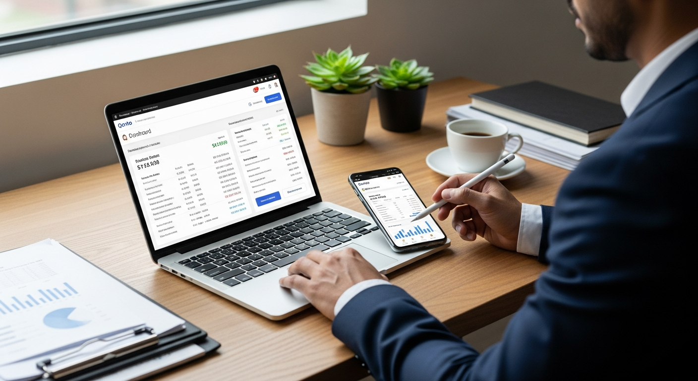Qonto Smart Business Account dashboard showing virtual cards, invoicing tools, and expense management features for Austrian SMEs