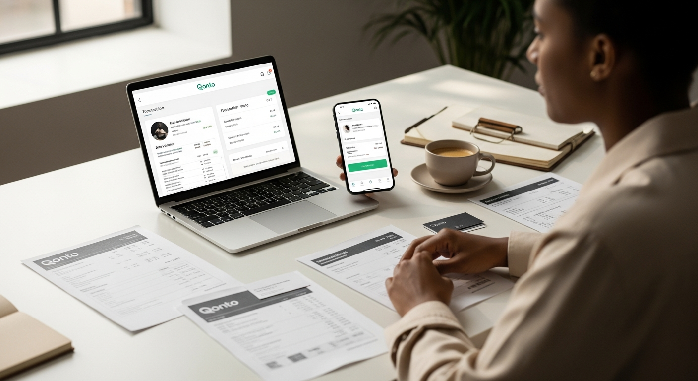 Qonto Smart Business Account Plan interface showing transaction management and virtual card features for freelancers