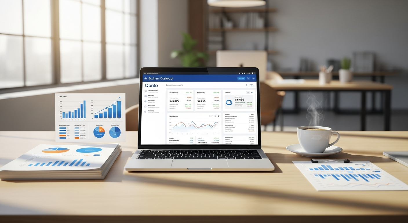Qonto Smart Business Account Plan interface showing accounting integration, payment cards, and expense management dashboard for SMEs