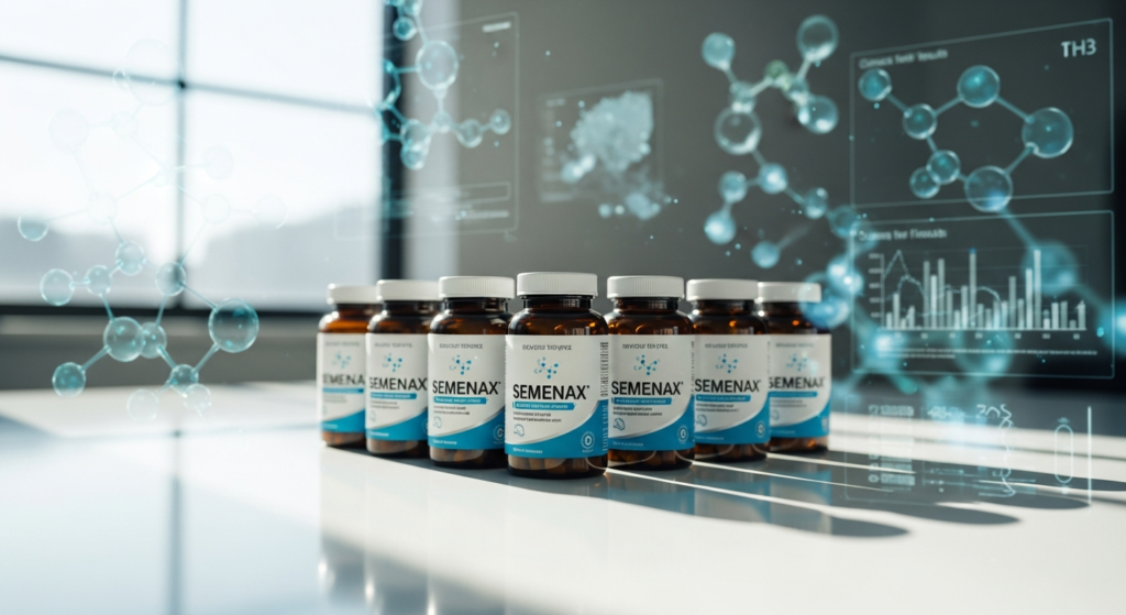 Semenax male enhancement supplement bottle with natural ingredients displayed on white background