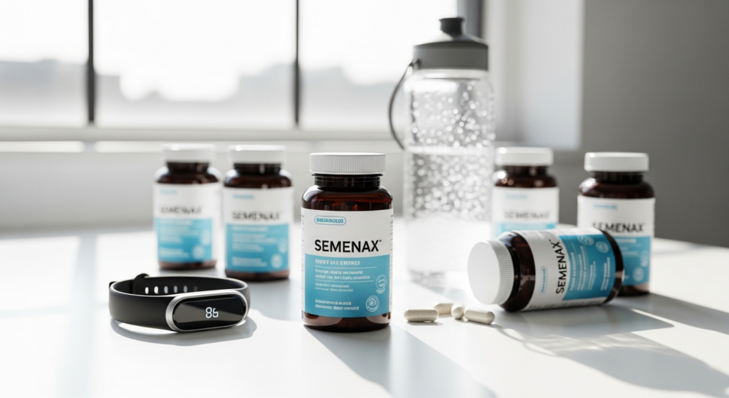 Semenax male volume enhancement supplement bottle with natural ingredients displayed