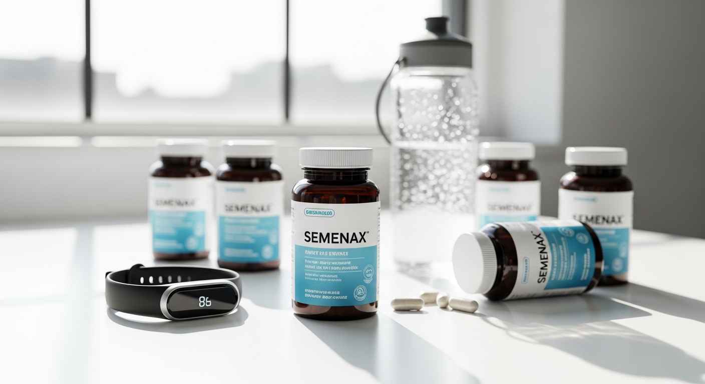 Semenax male volume enhancement supplement bottle with natural ingredients displayed
