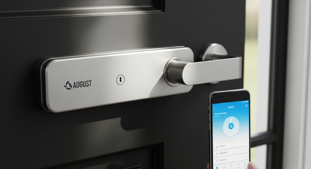 August Smart Lock Pro Connect mounted on interior of door showing circular design and installation