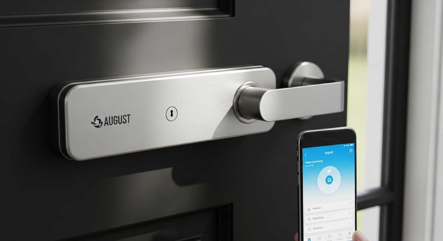 August Smart Lock Pro Connect mounted on interior of door showing circular design and installation