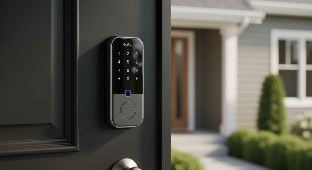 Eufy FamiLock S3 Max smart lock with palm vein recognition and 2K video doorbell mounted on modern home entrance door