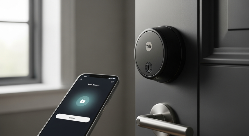 Yale Assure Lock 2 smart deadbolt mounted on apartment door with smartphone app displayed