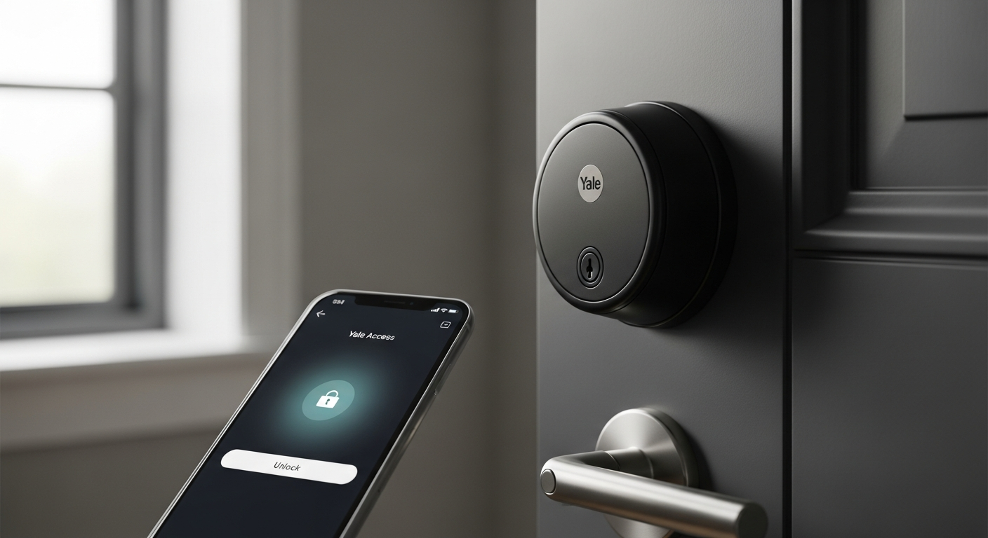 Yale Assure Lock 2 smart deadbolt mounted on apartment door with smartphone app displayed